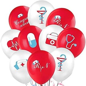 May include: A collection of red and white balloons featuring medical symbols. The designs include a caduceus, stethoscope, pill, nurse's hat, and a medical bag. Some balloons have the text "Congrats nurse" and "RN".
