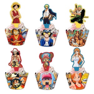 May include: Set of 8 cupcake toppers featuring characters from the anime One Piece. The toppers are printed on cardstock and feature Luffy, Zoro, Sanji, Nami, Chopper, Usopp, Franky, and Brook. The toppers are perfect for adding a fun and festive touch to your One Piece themed party.
