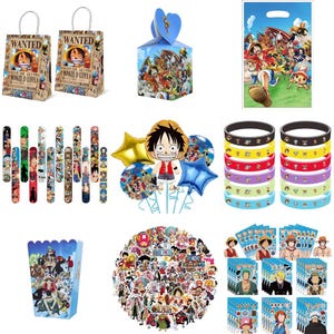 May include: A collection of One Piece themed party supplies including paper gift bags, a heart-topped favour box, plastic bags, slap bracelets, foil balloons, silicone wristbands, a popcorn box, assorted vinyl stickers, and character cards.