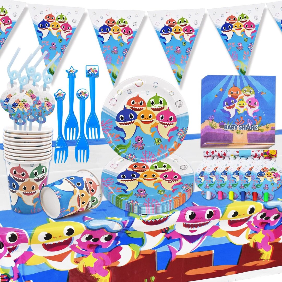 Baby Shark Birthday Party Decorations - Pink Plates, Cups, Napkins & Foil Balloons Set