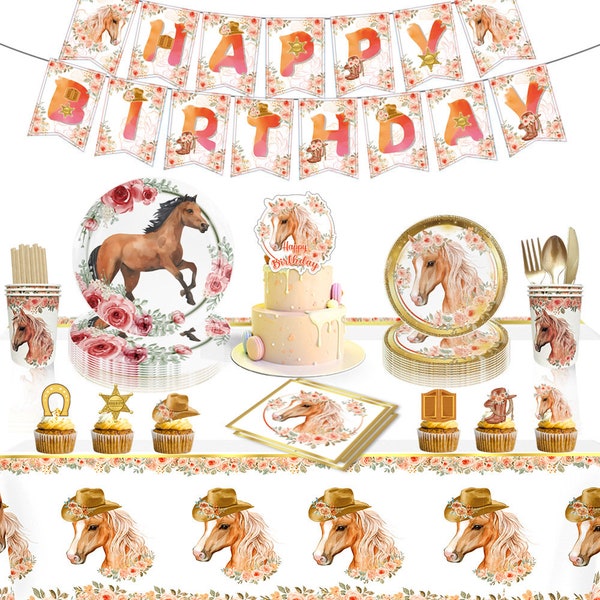 Horse Theme Tableware Party Supplies Plates Napkins Banner Balloons Tablecloth Birthday Decoration