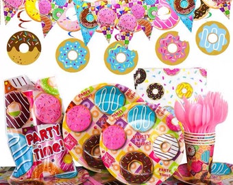 Donut Tableware Party Supplies Banner Plate Loot Bags Backdrop Kids Birthday Decoration