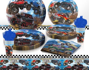 Monster Truck Tableware Party Supplies Plates Napkins Cups Tablecloth Kids Birthday Decoration