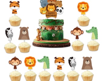 13PCS Jungle Animal Cake & Cupcake Toppers Party Supplies Kids Birthday Decoration