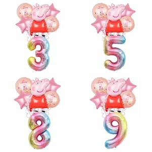 May include: A selection of birthday balloons featuring Peppa Pig. Each set includes a number balloon (3, 5, 8, or 9), star-shaped balloons, and round balloons with Peppa Pig's image. The balloons are in shades of pink, red, and rainbow colours.