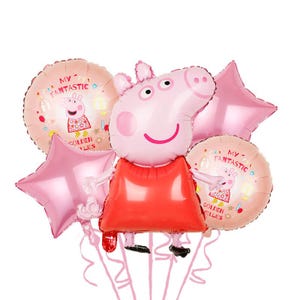 May include: A set of five pink and red balloons featuring Peppa Pig. The balloons have the text "My Fantastic Golden Wellies" on them.