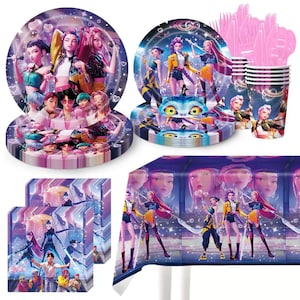 May include: Party supplies set with a vibrant, animated theme. Includes plates, napkins, cups, cutlery, and a tablecloth. The design showcases colorful characters in a futuristic setting, with a predominantly purple and blue colour scheme.