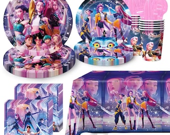 KPop Hunters Tableware Party Supplies Plates Cups Napkins Tablecloth Bags Girls Birthday Decoration