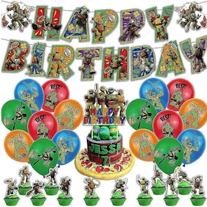 May include: A Teenage Mutant Ninja Turtles party decoration set featuring a Happy Birthday banner, colourful balloons with character graphics, a cake topper with the text Happy Birthday Jesse 7, and small cupcake toppers with turtle figures.