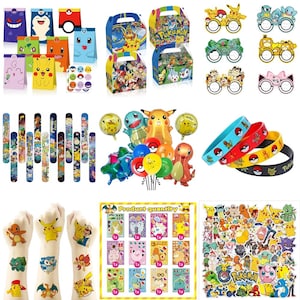May include: A collection of party supplies featuring various colourful cartoon characters, including paper gift bags, cardboard treat boxes, character-themed paper glasses, slap bracelets, foil balloons, silicone wristbands, temporary tattoos, and stickers.