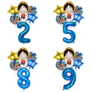 May include: A selection of birthday balloons with a cartoon character, star-shaped and round balloons, and the numbers 2, 5, 8, and 9. The balloons are in blue, gold, and red.