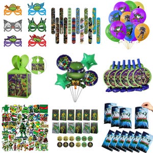 May include: A collection of Teenage Mutant Ninja Turtles party supplies including paper glasses, slap bracelets, colourful balloons, a green gift box, a large foil balloon, circular party favours, stickers, small treat bags, and plastic favour bags.