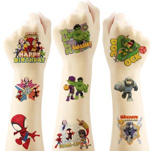 May include: Temporary tattoos with Marvel characters like Spider-Man and Hulk. Designs include the phrases "Happy Birthday," "Go Webs Go!," "Team-Up!" and "Wakanda Forever".