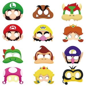 May include: A set of character masks featuring characters from the Super Mario video game series. Masks include Mario, Luigi, and other recognizable figures. Each mask is brightly coloured and designed with distinctive features, suitable for fancy dress.