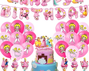 Princess Peach Party Set Party Supplies Super Mario Banner Balloons Toppers Girls Birthday Decoration