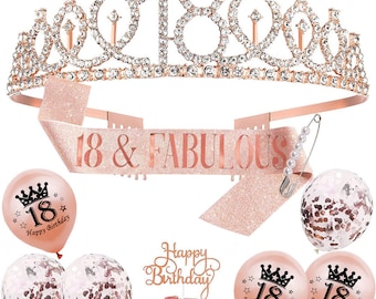 18th Birthday Crystal Crown Sash Set Rose Gold Balloon Cake Topper Princess Girls Birthday Decoration