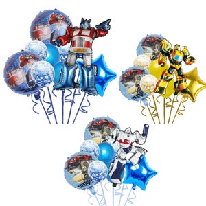 May include: A set of 10 Transformers-themed party balloons. The balloons feature Optimus Prime, Bumblebee, and Megatron, along with blue and gold star-shaped balloons and confetti balloons.