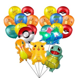 May include: A selection of vibrant balloons showcasing cartoon characters. The balloons feature Pikachu, Charmander, Squirtle, and Bulbasaur, alongside Poké Ball and character-themed designs. Ideal for a birthday celebration or themed gathering.