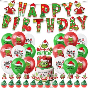 May include: A Grinch-themed birthday party set with a "Happy Birthday" banner, balloons, a cake, and cupcakes. The decorations are in red, green, and white, with Grinch character illustrations. The set is designed for a festive celebration.