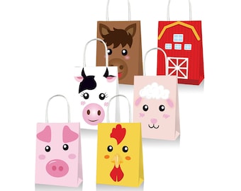 May include: Six colorful paper gift bags with animal faces. The bags feature a pig, a chicken, a sheep, a cow, a horse, and a red barn.