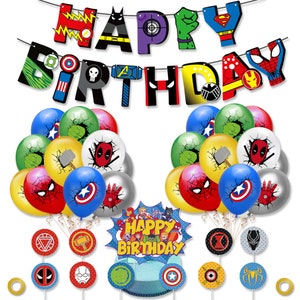 May include: A set of superhero-themed party decorations, including a banner that reads "Happy Birthday", balloons with various superhero logos, and small round cake toppers with superhero logos.