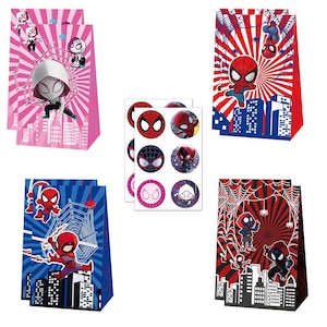 May include: Set of six party favour bags featuring Spider-Man characters. The bags are red, blue and black with a variety of designs. The set also includes six stickers with Spider-Man characters.