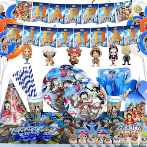 May include: A vibrant birthday party set with a "HAPPY BIRTHDAY" banner. The set includes plates, cups, napkins, balloons, and cupcake toppers, all decorated with cartoon characters. Blue and orange balloons are also present.