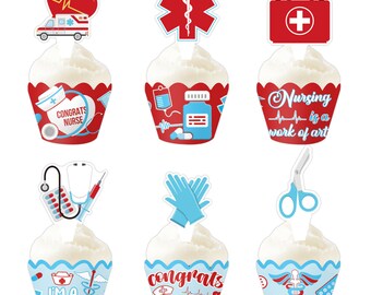 12 x Nurse Theme Cupcake Topper Wrapper Party Supplies Hospital Nursing Class