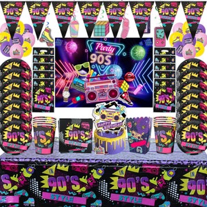 90's Party Tableware Party Supplies Banner Plates Tablecloth Loot Bags Adults Birthday Decoration
