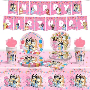 May include: A party supply set featuring Bluey characters on pink backgrounds. Includes a Happy Birthday banner, paper plates, napkins, cups with pink forks, and a tablecloth. Each item displays cartoon dogs in various poses with colourful confetti.