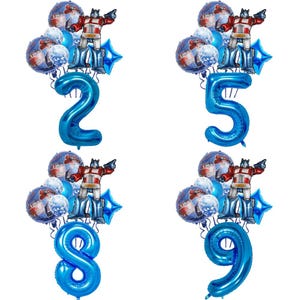 May include: Four blue number balloons, 2, 5, 8, and 9, each with a cluster of balloons featuring a cartoon character and a blue star-shaped balloon. The cartoon character is red, white, and blue.