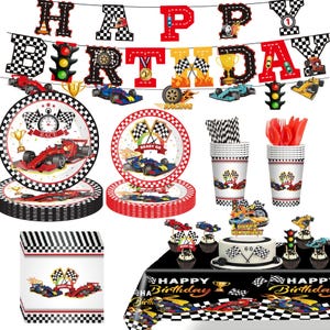 May include: A racing-themed birthday party supply set featuring a Happy Birthday banner, chequered plates, cups with black and white straws, red plastic cutlery, cupcake toppers, and a tablecloth, all decorated with race cars and trophies.