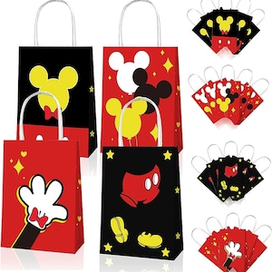 May include: Set of 10 red and black Mickey Mouse themed paper gift bags with handles. The bags feature different Mickey Mouse designs, including a classic Mickey head, Mickey Mouse gloves, and Mickey Mouse ears.