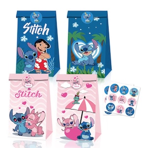 12PCS Stitch Paper Lolly Loot Bag & 18pcs Stickers Party Supplies Kids Birthday Decoration