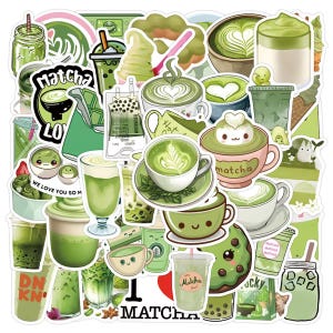 May include: A selection of green matcha-themed stickers showcasing different matcha beverages, such as lattes, iced drinks, and bubble tea. Some stickers include text like "Matcha", "I love Matcha", and "We love you so matcha". The stickers are in diverse shapes and sizes.