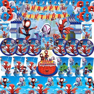 Cartoon Spiderman Tableware Party Supplies Banner Plates Napkins Tablecloth Kids Birthday Decoration