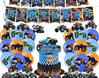 Monster Truck Party Set Party Supplies Banner Toppers Balloons Swirls Kids Birthday Decoration