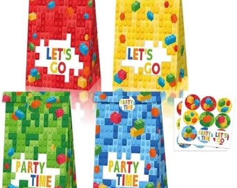 12PCS Building Blocks Paper Lolly Loot Bag & Stickers Party Supplies Kids Birthday Decoration