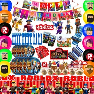 May include: A Roblox themed birthday party set with colourful balloons, plates, cups, napkins, and a banner that says "Happy Birthday".