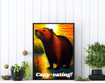 Capybara Sunset Marsh print | AI assisted art | Capy Download digital print | Capybara Wall Art | High Quality Poster | Capybara Gift Lovers