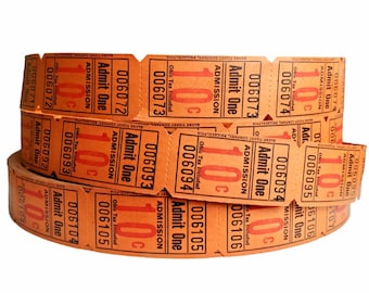 Lote de boletos naranjas de 10 centavos para entrada individual, estilo años 40. Boletos en rollo antiguos y raros para álbumes de recortes y recuerdos coleccionables (cantidad a elección).