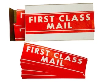 Vintage 1960s First Class Mail Gummed Labels Box (35 Labels), Vintage Ephemera Label Collectibles