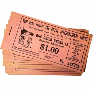 Vintage Hunt Bros The Royal International Circus uit de jaren 60, 1 dollar vol kaartjesboek (10 kaartjes), vintage circuskaartjes