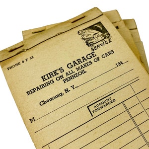 Vintage 1940er Jahre Werbung Kirks Garage Komplettes Quittungsbuch (100 Blatt) Aus Chemung, New York Vintage Forms Quittungsbuch für Kundenaufträge