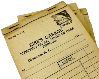 Libro de recibos completo de publicidad de Kirks Garage, década de 1940 (100 hojas), de Chemung, Nueva York. Formularios antiguos, recibos, órdenes de venta, facturas.