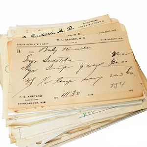 May include: A vintage prescription form with handwritten text, including the name "Packard, M. 20. M.D." and "Baby Hincaide". The form also includes the text "Eye Sedatole" and "203 h2".