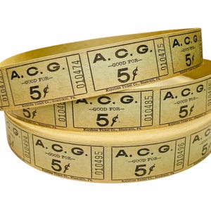 Vintage 1940s A.C.G 5 Cent Tickets Lot, Vintage Rare Roll Tickets For Scrapbooking Collectible Memorabilia (Quantity Of Choice)