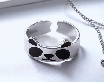 Bague panda en argent, bague dessin animé réglable en acier inoxydable