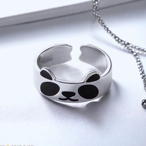 Anillo panda de moda de plata, anillo panda de acero inoxidable, anillo de dibujos animados ajustable, anillo delicado lindo, anillos apilables, colección de anillos