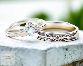 Sterling Silver Knight and Princess Couple Rings, Zircon Promise Rings
